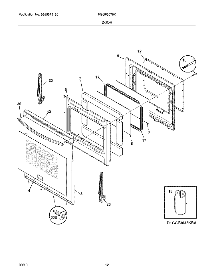 DOOR Diagram and Parts List for FGGF3076KWJ  Frigidaire Range