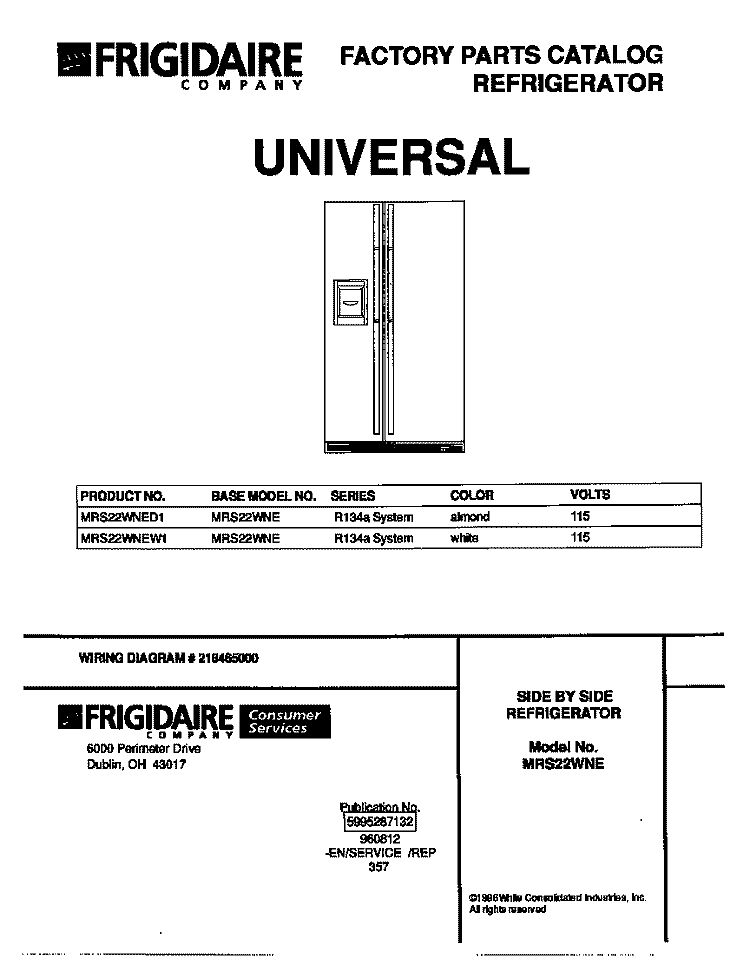 COVER Diagram and Parts List for MRS22WNEW1  Frigidaire Refrigerator