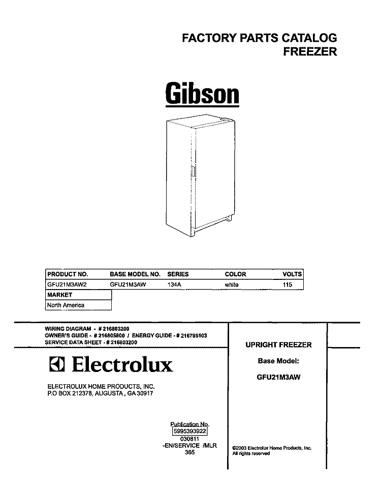 COVER Diagram and Parts List for GFU21M3AW2  Gibson Freezer