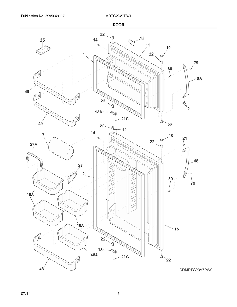 Door Diagram and Parts List for MRTG23V7PW1  Westinghouse Refrigerator