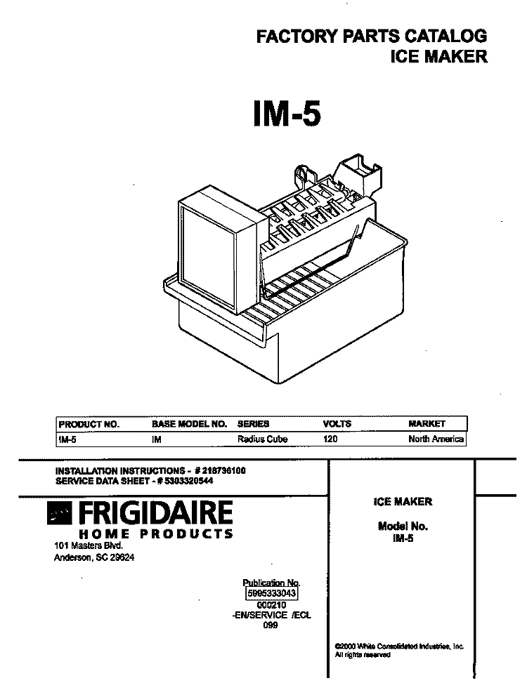 COVER Diagram and Parts List for IM5  Frigidaire Ice Maker