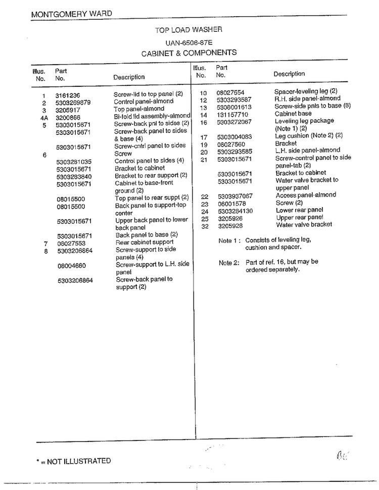 Top Load Washer-cabinet And Componets Page 2 Diagram and Parts List for 6506-87E  Frigidaire Washer