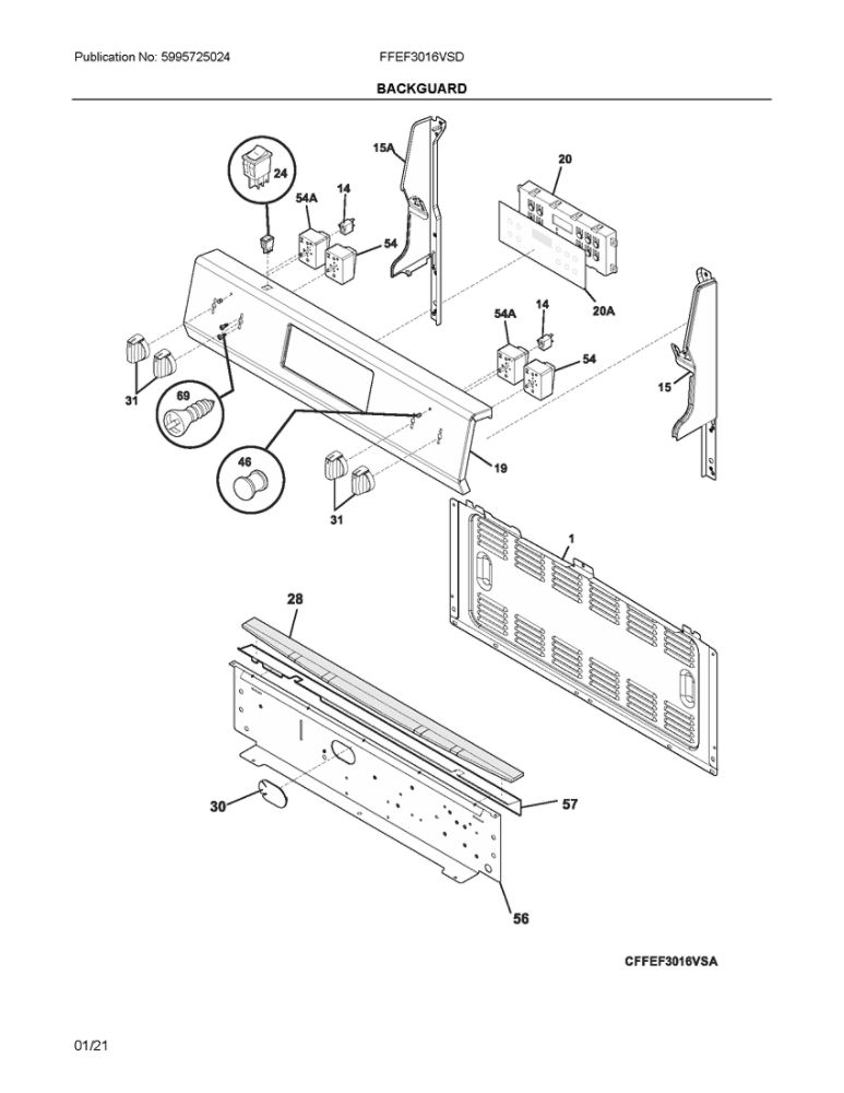 Backguard Diagram and Parts List for FFEF3016VSD  Frigidaire Range