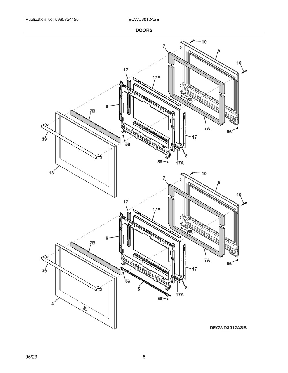 Doors Diagram and Parts List for ECWD3012ASB  Frigidaire Wall Oven