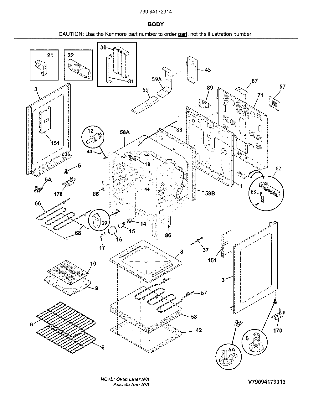Body Diagram and Parts List for 79094172314  Kenmore Range