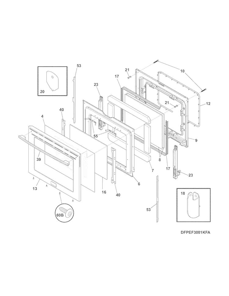Door Diagram and Parts List for FPEF3081MFD  Frigidaire Range