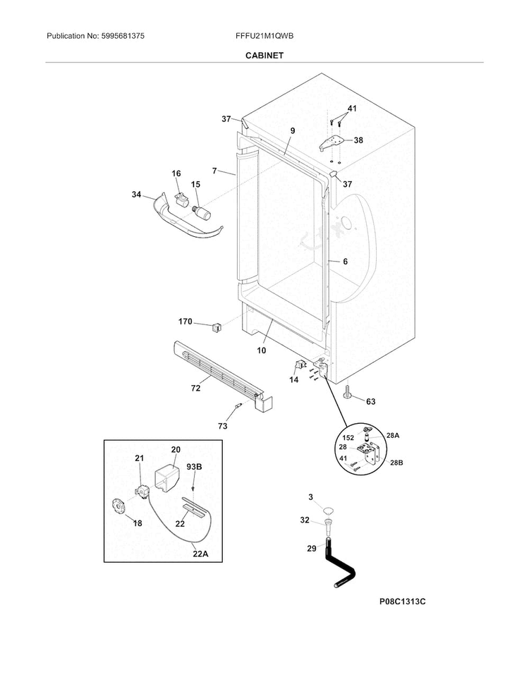 Cabinet Diagram and Parts List for FFFU21M1QWB  Frigidaire Freezer