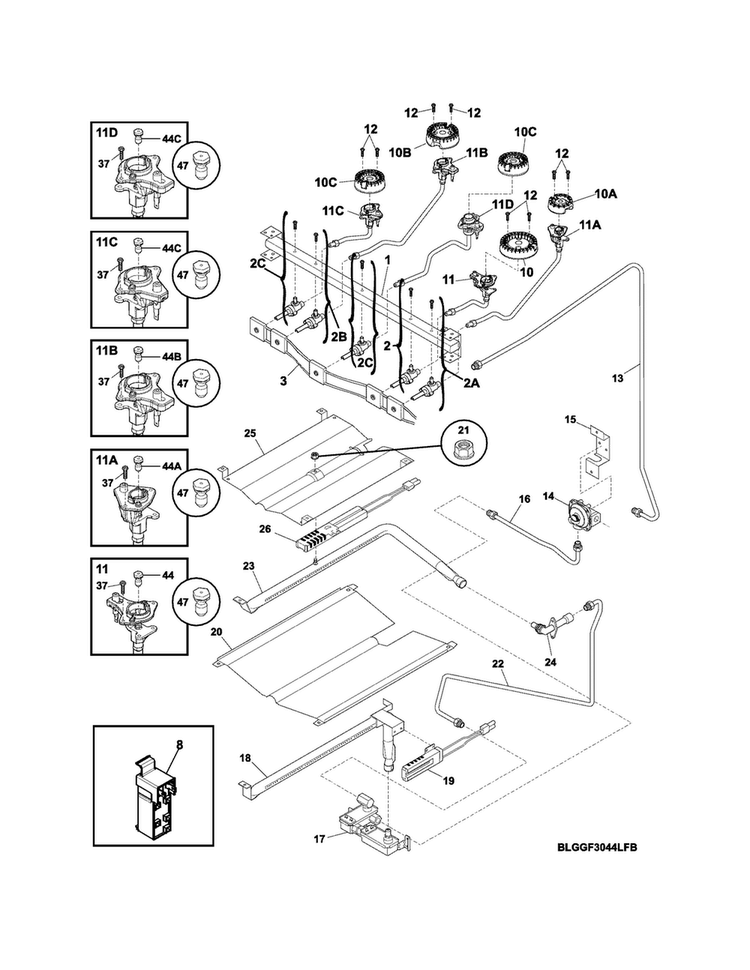 Burner Diagram and Parts List for LGGF3044LFH  Frigidaire Range