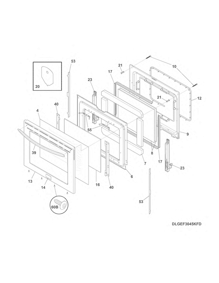 Door Diagram and Parts List for FGEF3055MFF  Frigidaire Range