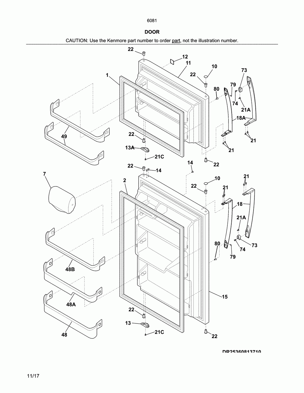 Doors Diagram and Parts List for 25360813710  Kenmore Refrigerator