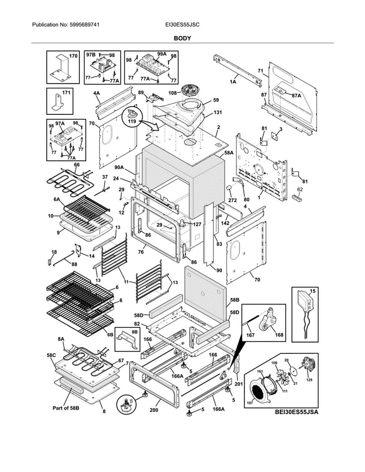 Body Diagram and Parts List for EI30ES55JSC  Electrolux Range