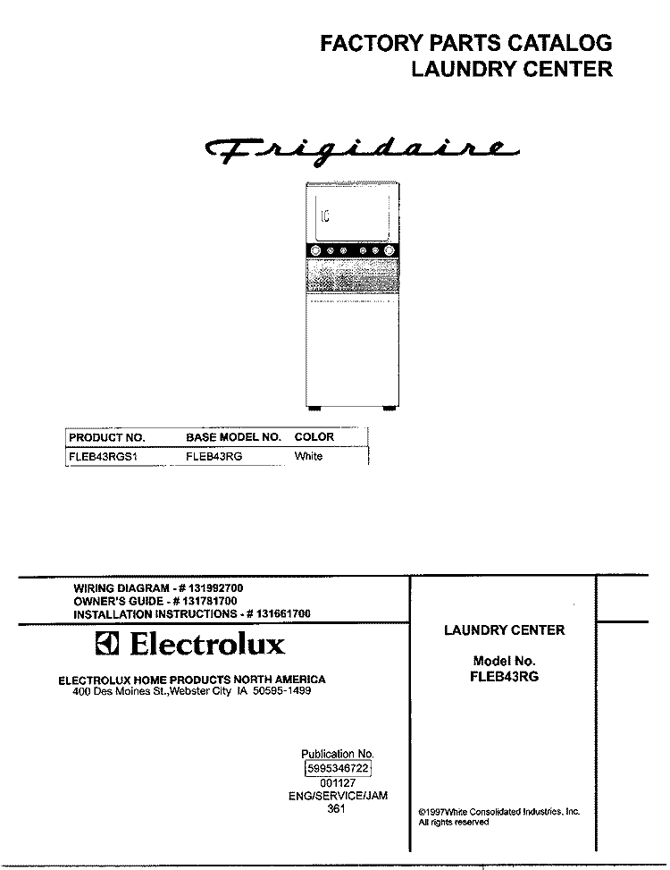 COVER Diagram and Parts List for FLEB43RGS1  Frigidaire Washer Dryer Combo