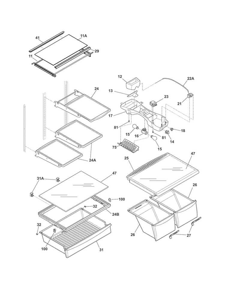 Shelves Diagram and Parts List for FGHT2148PF0  Frigidaire Refrigerator