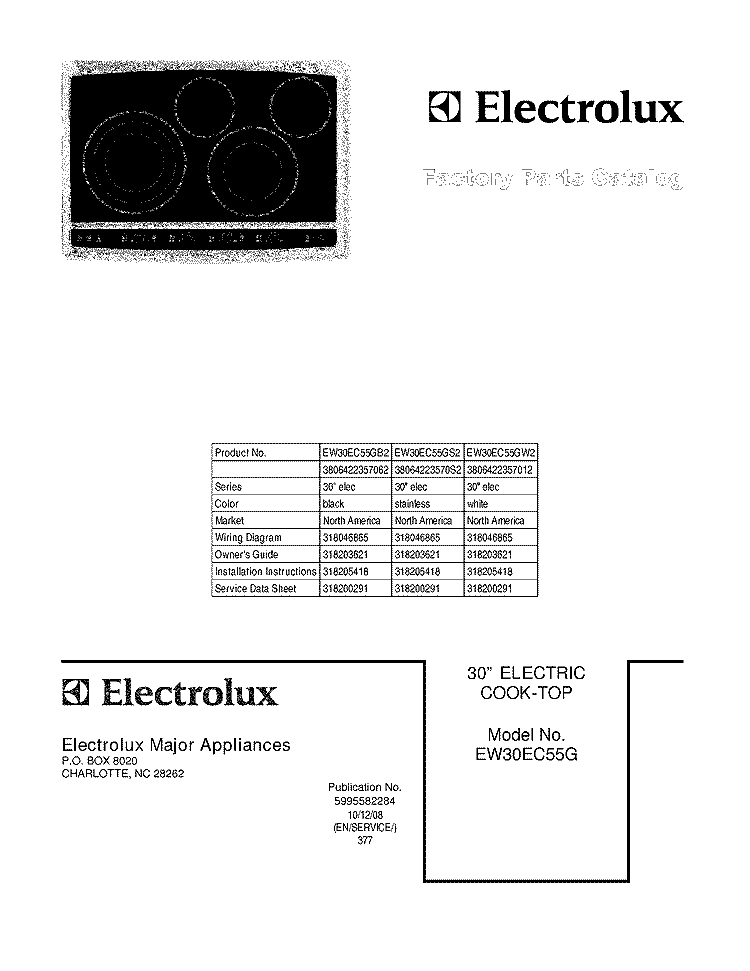 COVER Diagram and Parts List for EW30EC55GW2  Electrolux Cooktop