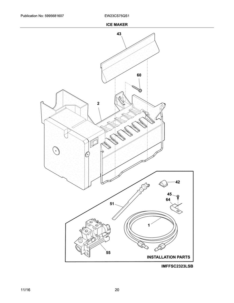 Ice Maker Diagram and Parts List for EW23CS75QS1  Electrolux Refrigerator