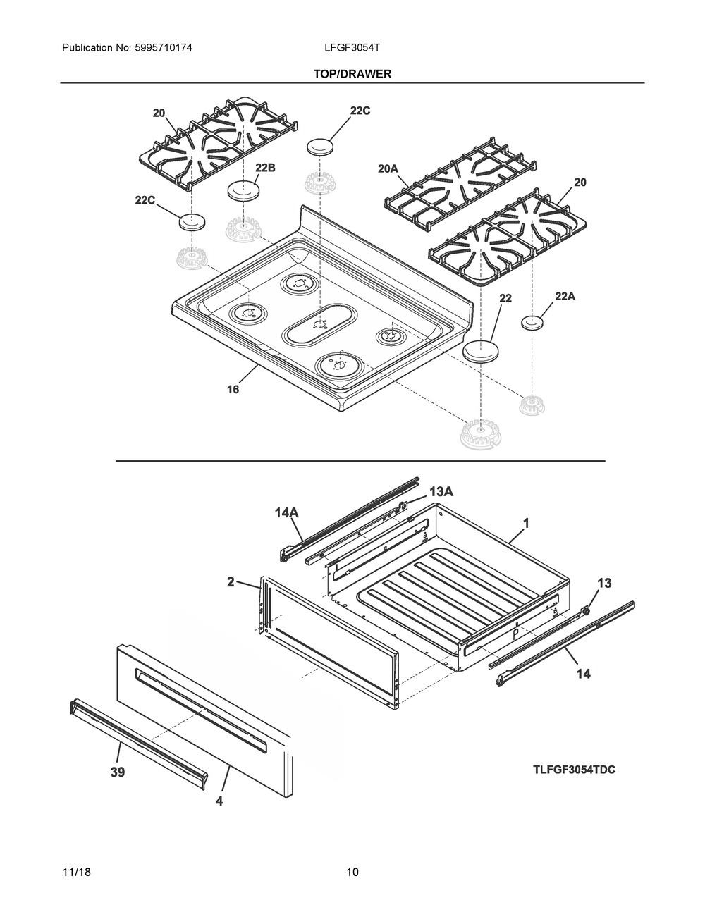 Top/drawer Diagram and Parts List for LFGF3054TFC  Frigidaire Range