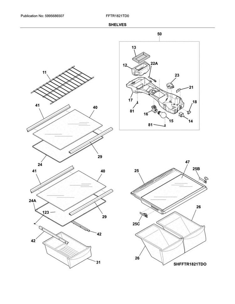 Shelves Diagram and Parts List for FFTR1821TD0  Frigidaire Refrigerator