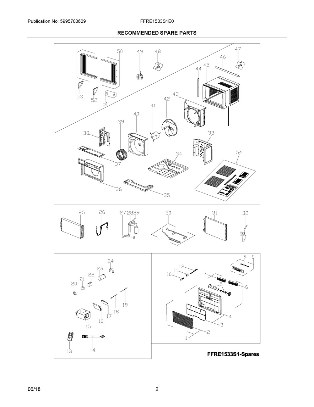 Recommended Spare Parts Diagram and Parts List for FFRE1533S1E0  Frigidaire Air Conditioner