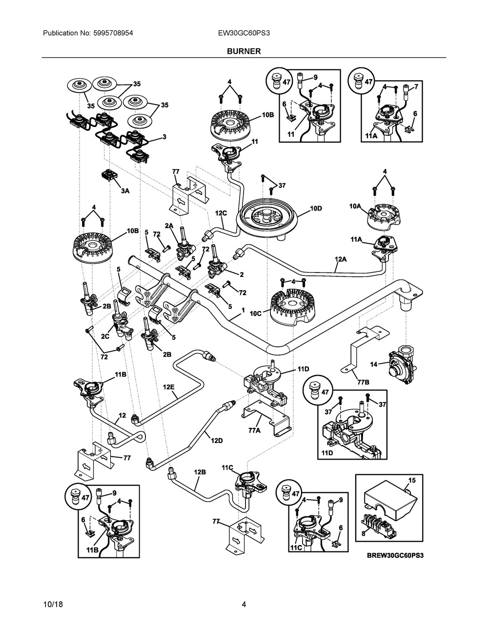 Burner Diagram and Parts List for EW30GC60PS3  Frigidaire Cooktop