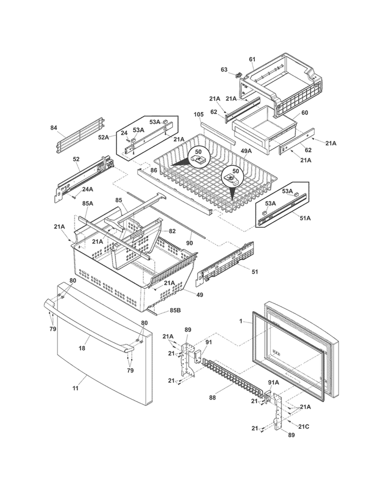 Freezer Drawer, Baskets Diagram and Parts List for EW28BS85KS6  Electrolux Refrigerator