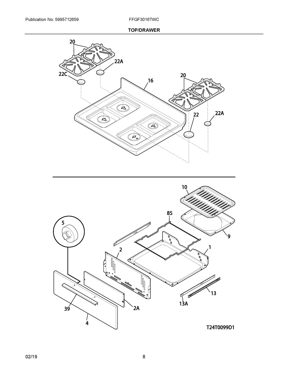 Top/drawer Diagram and Parts List for FFGF3016TWC  Frigidaire Range