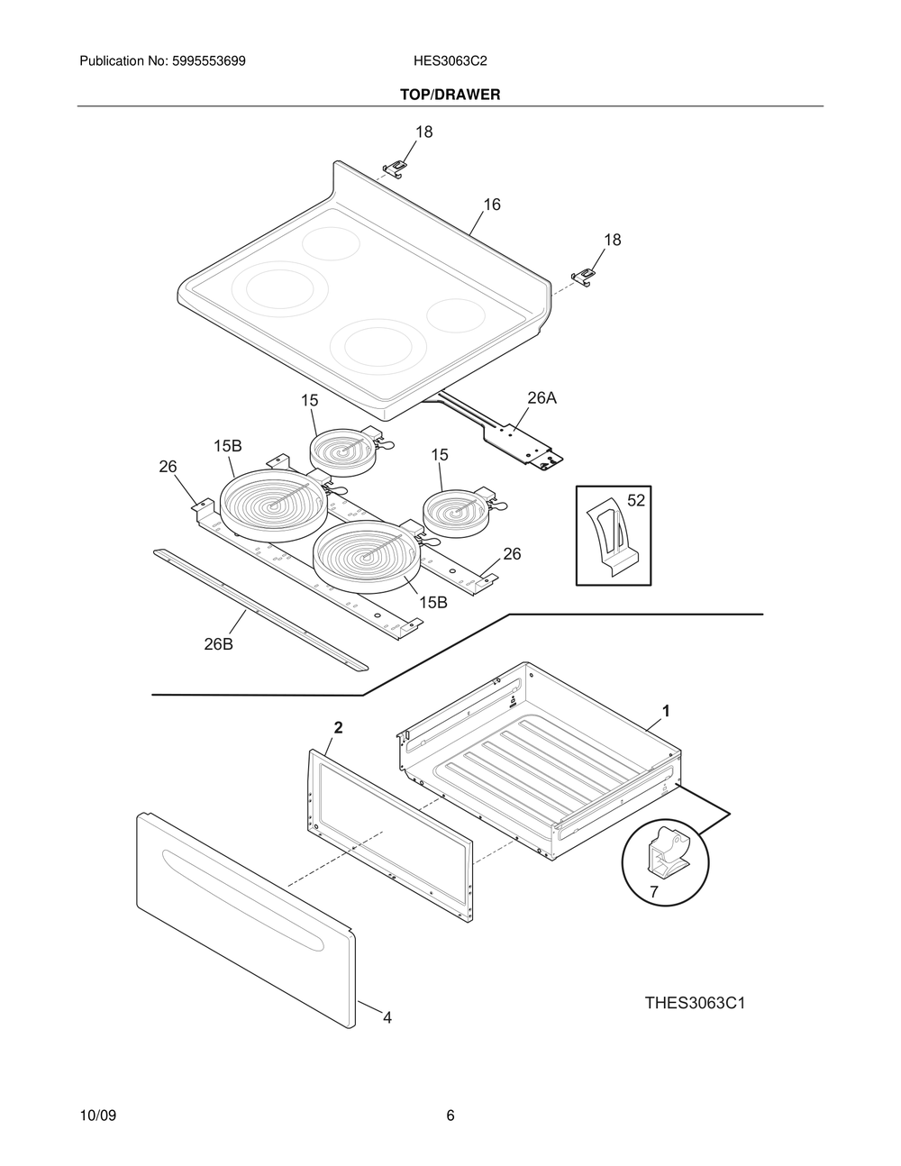 Top/Drawer Diagram and Parts List for HES3063C2  Frigidaire Range