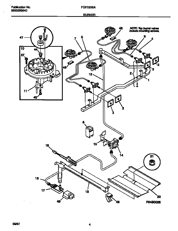 BURNER Diagram and Parts List for FGF333BAWH  Frigidaire Range