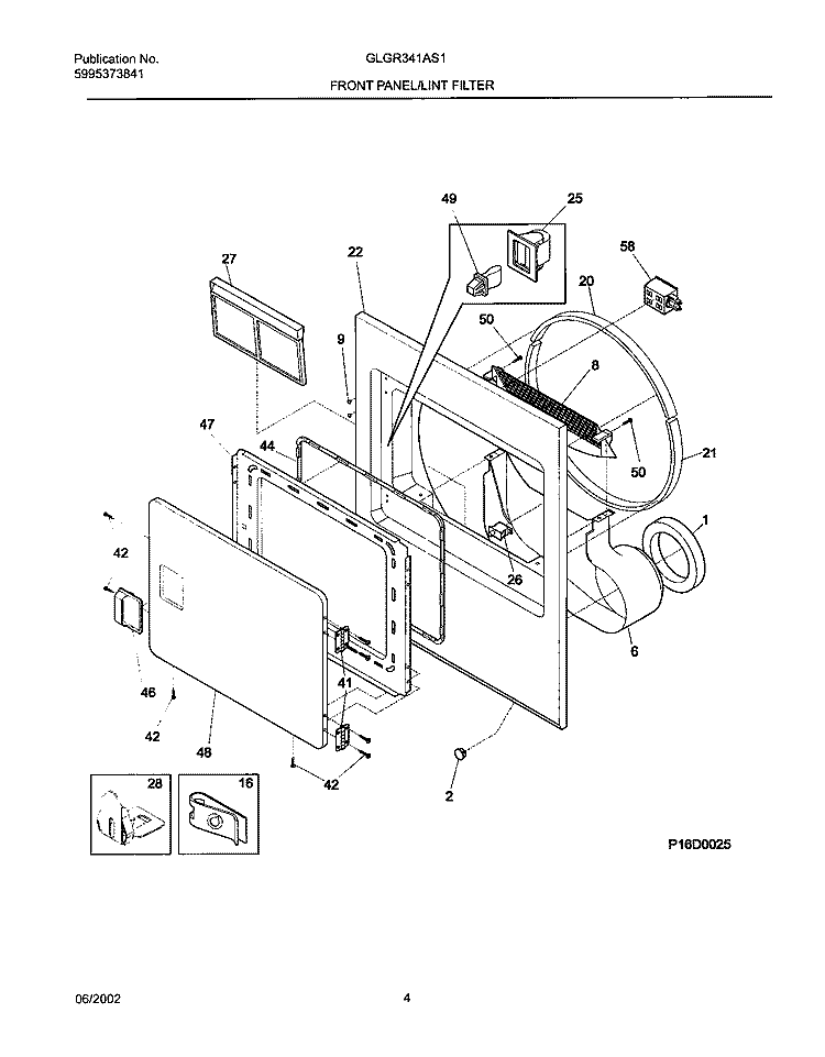 FRNT PNL, DOOR Diagram and Parts List for GLGR341AS1  Frigidaire Dryer