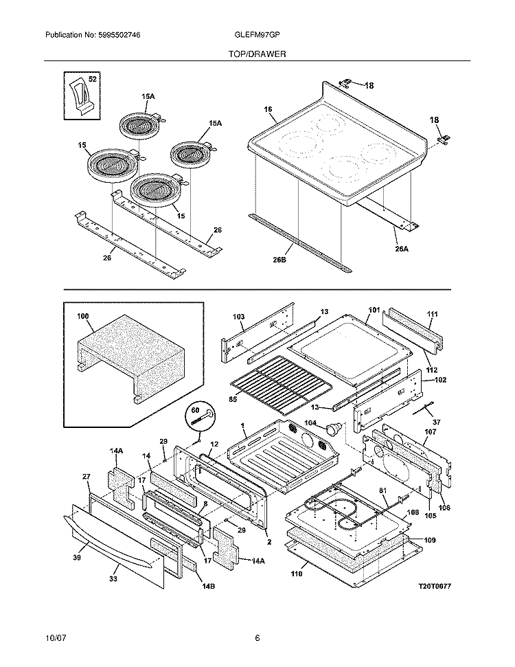 TOP / DRAWER Diagram and Parts List for GLEFM97GPBA  Frigidaire Range