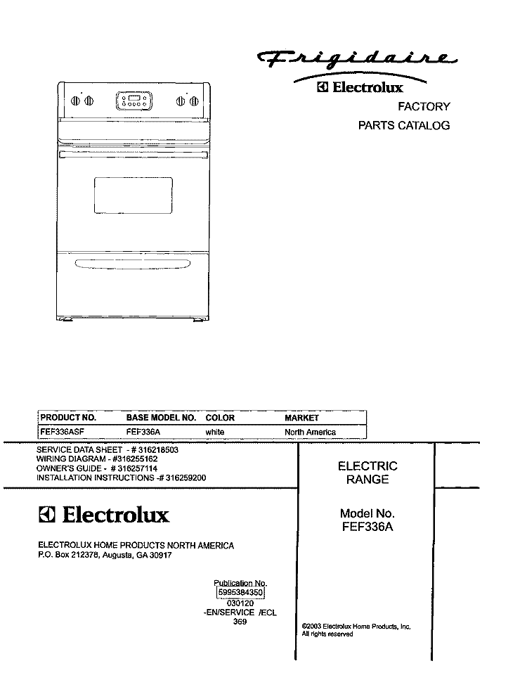 COVER Diagram and Parts List for FEF336ASF  Frigidaire Range