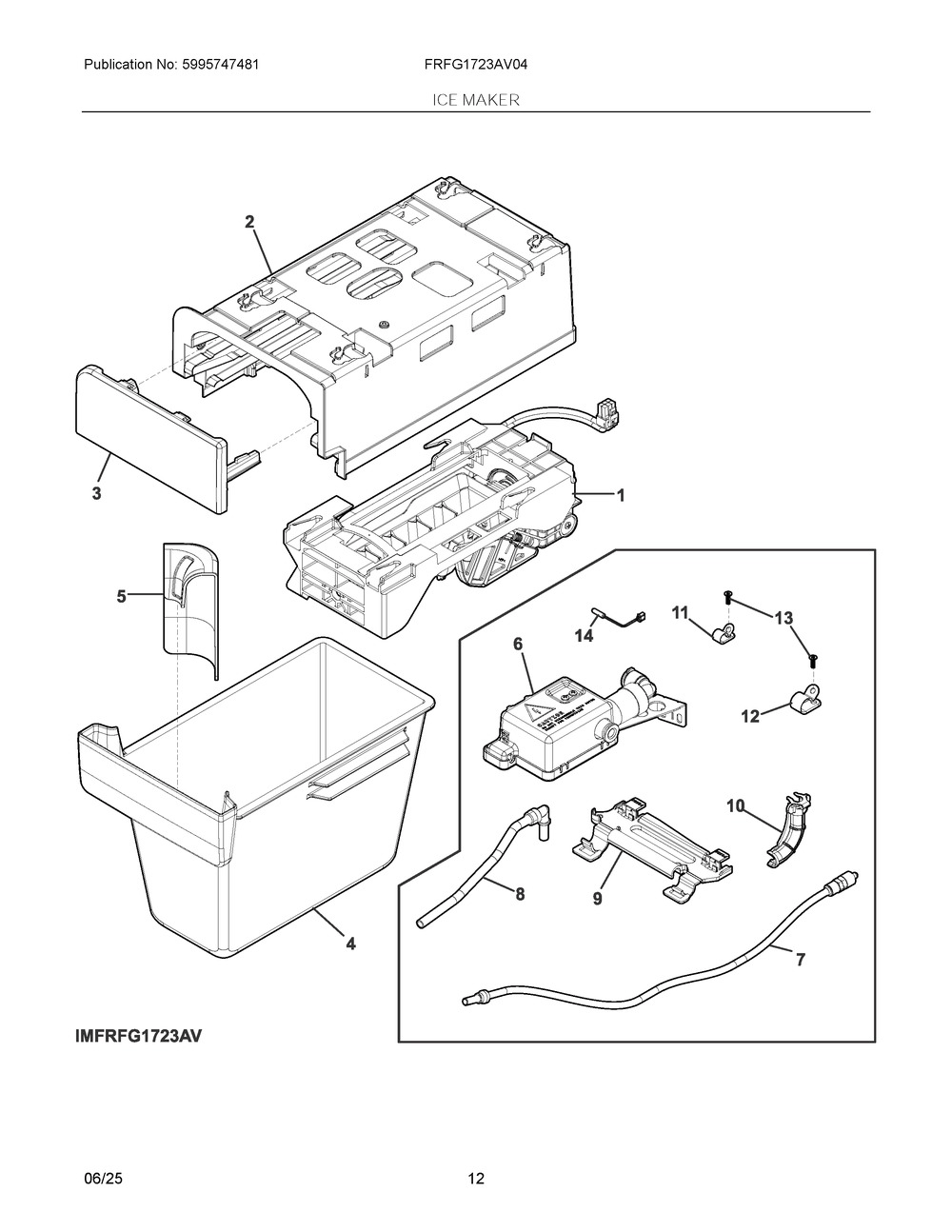 Ice Maker Diagram and Parts List for FRFG1723AV04  Frigidaire Refrigerator
