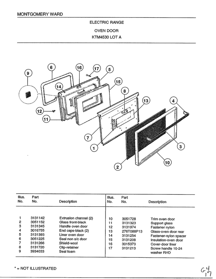 Oven Door Diagram and Parts List for 4530A  Frigidaire Range