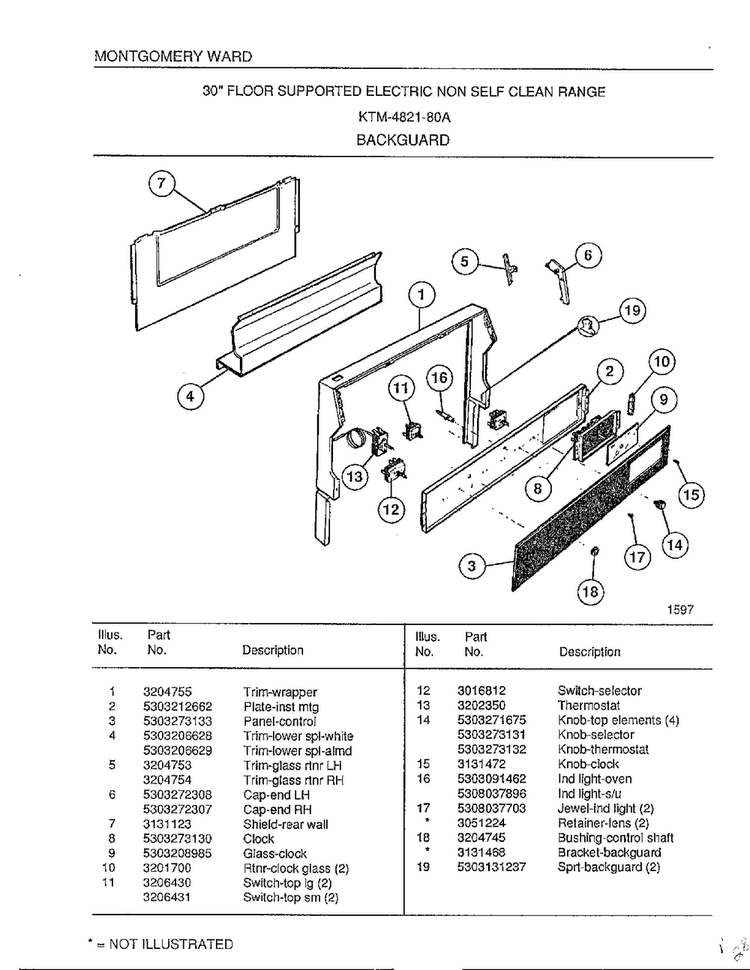 Backguard Diagram and Parts List for 4821A  Frigidaire Range