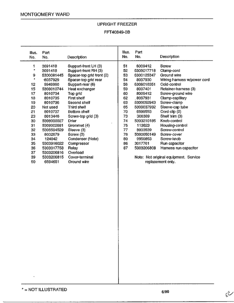 Upright Freezer Page 6 Diagram and Parts List for 40849B  Frigidaire Freezer
