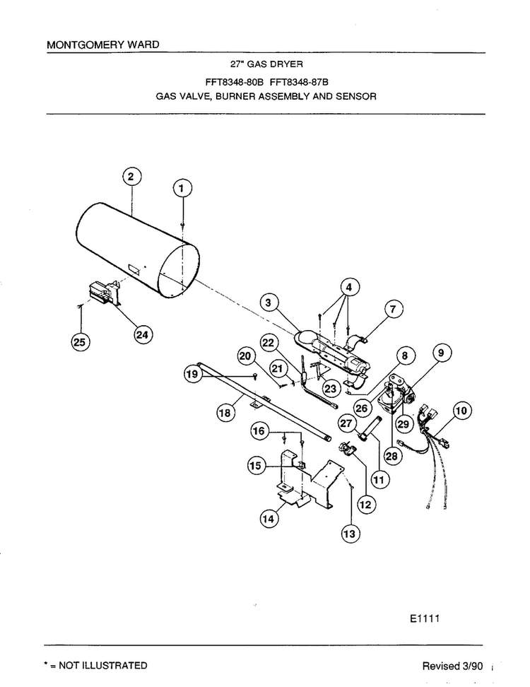 Gas Valve, Burner Assembly And Sensor Diagram and Parts List for 8348B  Frigidaire Dryer