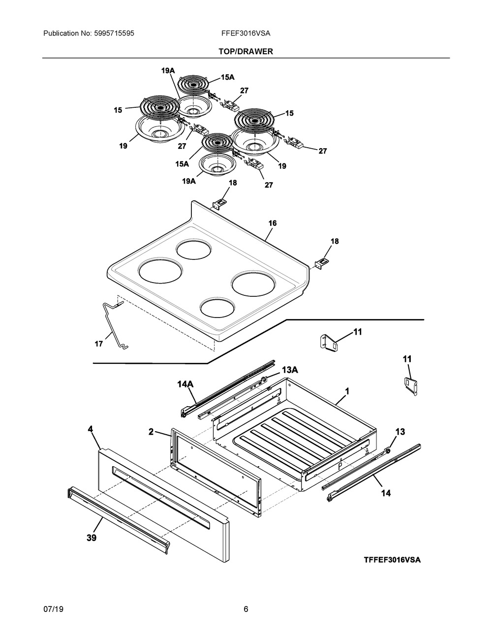 Top/drawer Diagram and Parts List for FFEF3016VSA  Frigidaire Range