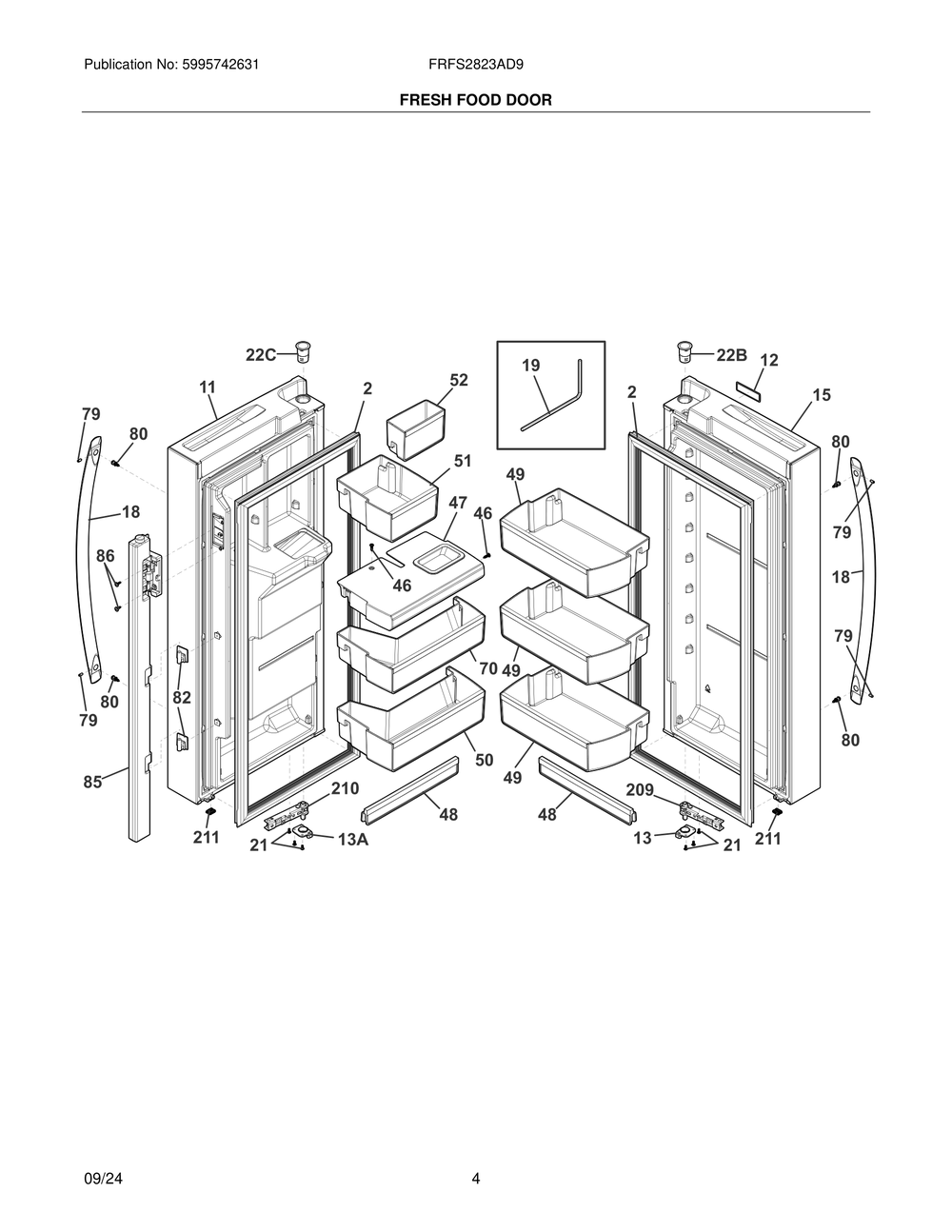Fresh Food Door Diagram and Parts List for FRFS2823AD9  Frigidaire Refrigerator