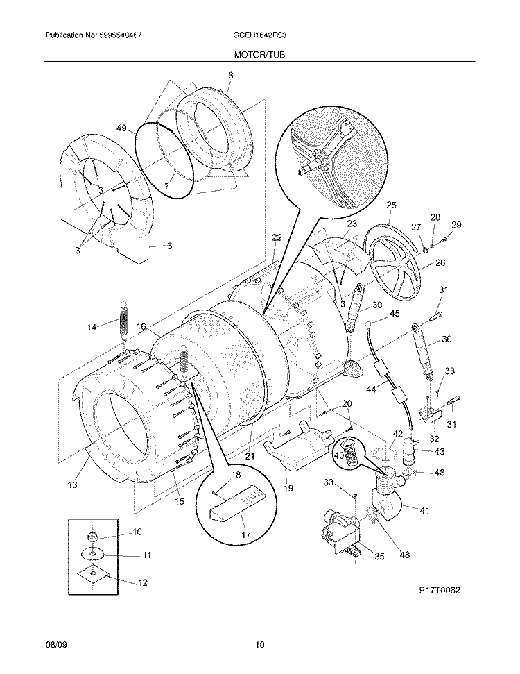 MOTOR/TUB Diagram and Parts List for GCEH1642FS3  Frigidaire Washer Dryer Combo