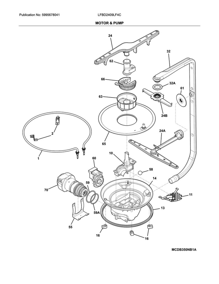 Motor & Pump Diagram and Parts List for LFBD2409LF4C  Frigidaire Dishwasher