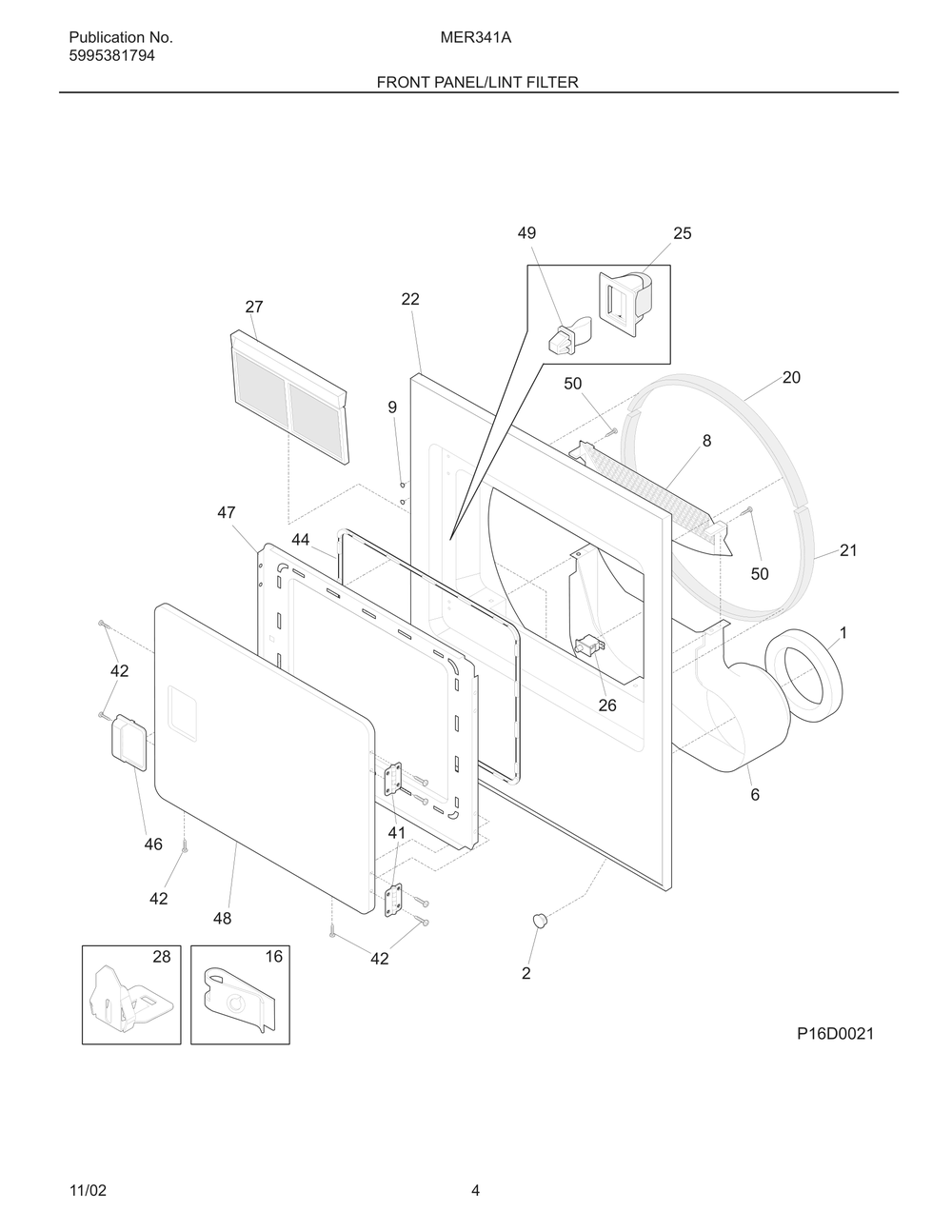 Front Panel/Lint Filter Diagram and Parts List for MER341AQ2  Frigidaire Dryer