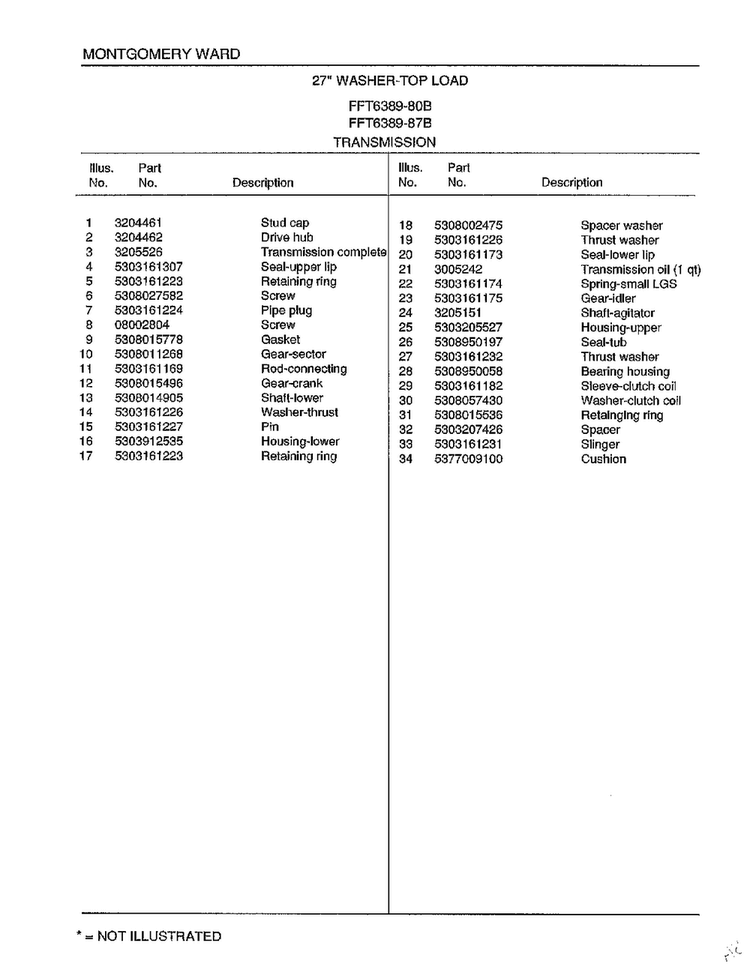 Transmission Page 2 Diagram and Parts List for 6389-80B  Frigidaire Washer