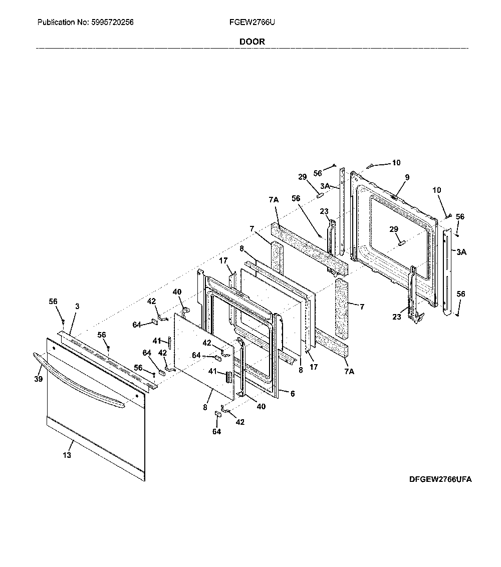 Door Diagram and Parts List for FGEW2766UFB  Frigidaire Wall Oven