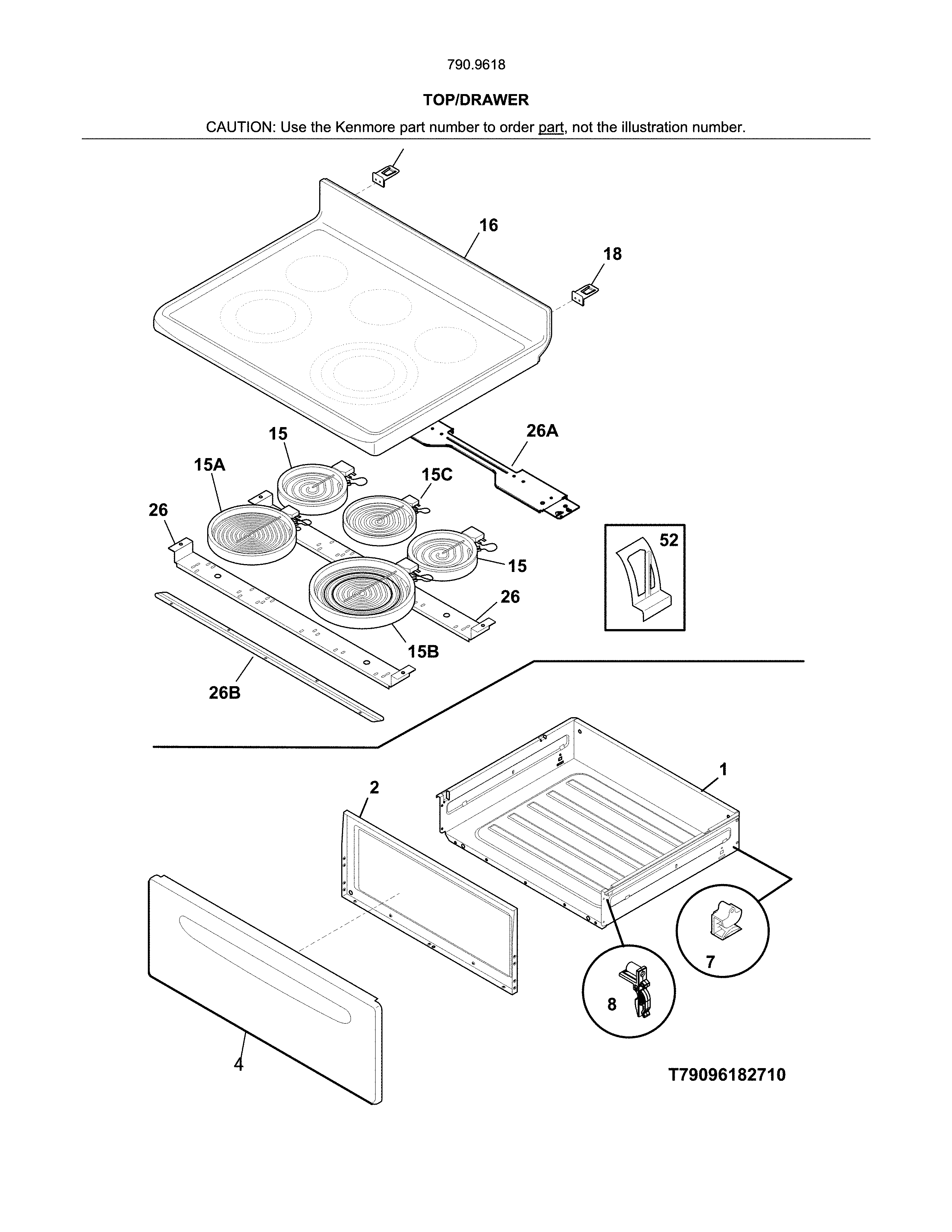 Top/drawer Diagram and Parts List for 79096184710  Kenmore Range