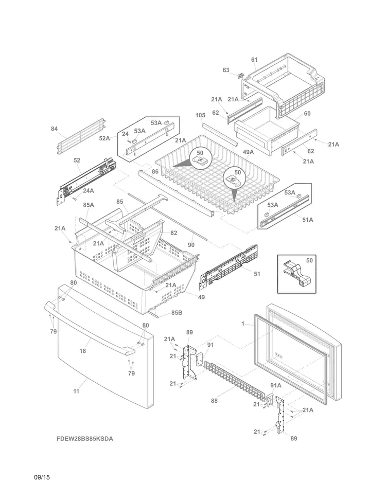 Freezer Drawer, Baskets Diagram and Parts List for EW28BS85KSDA  Electrolux Refrigerator