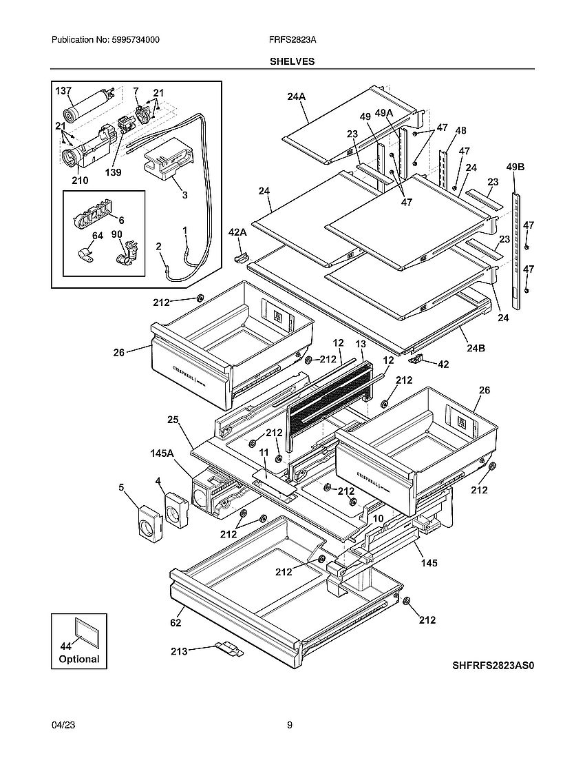 Shelves Diagram and Parts List for FRFS2823AS2  Frigidaire Refrigerator