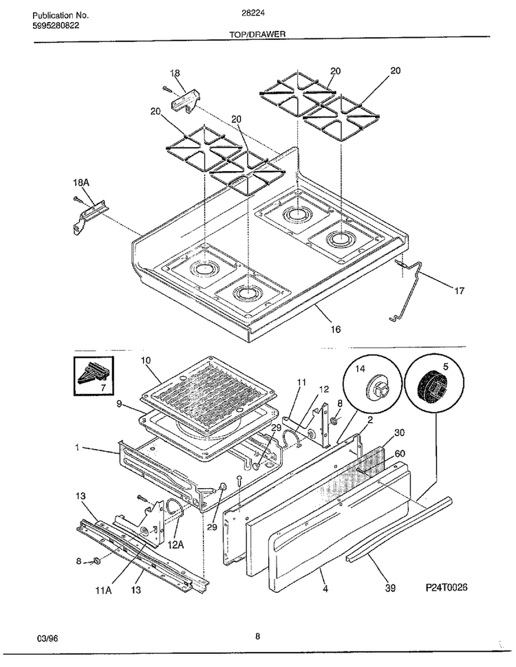 Top/drawer Diagram and Parts List for 282240C  Frigidaire Range