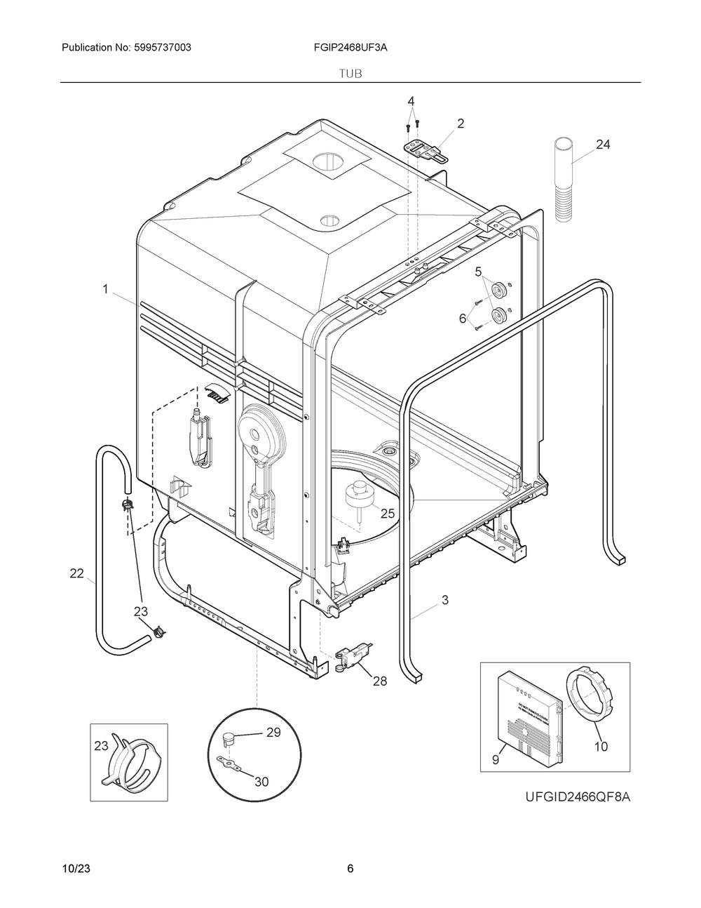 Tub Diagram and Parts List for FGIP2468UF3A  Frigidaire Dishwasher
