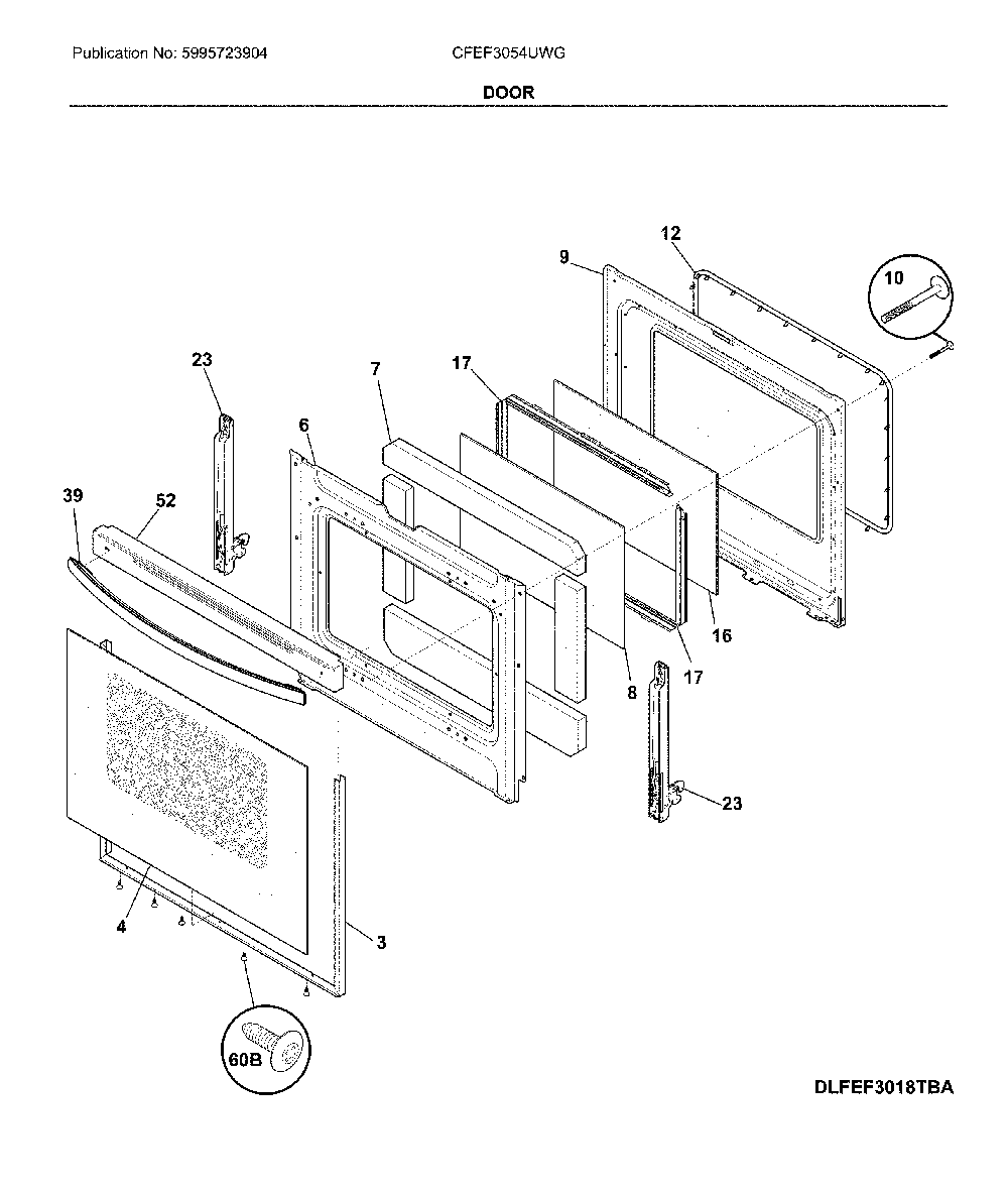 Door Diagram and Parts List for CFEF3054UWG  Frigidaire Range