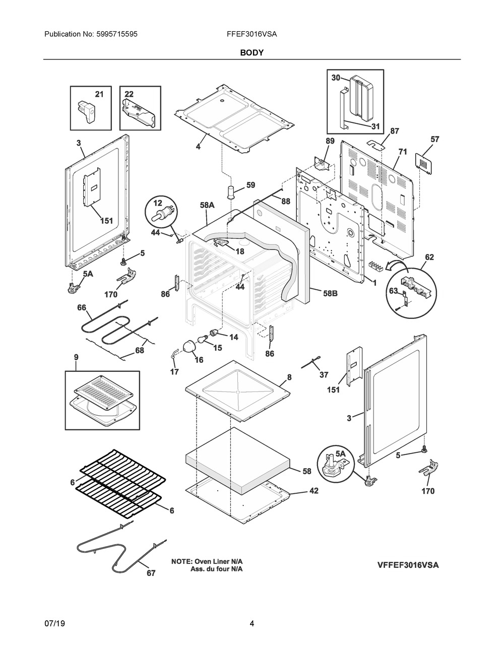 Body Diagram and Parts List for FFEF3016VSA  Frigidaire Range