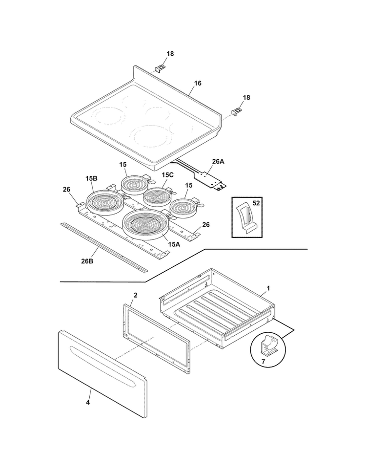 Top/drawer Diagram and Parts List for LEEF3021MWC  Frigidaire Range